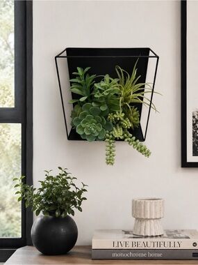Ashland Faux Succulent Wall Planter Black Metal Geometric Hanging Wall Decor